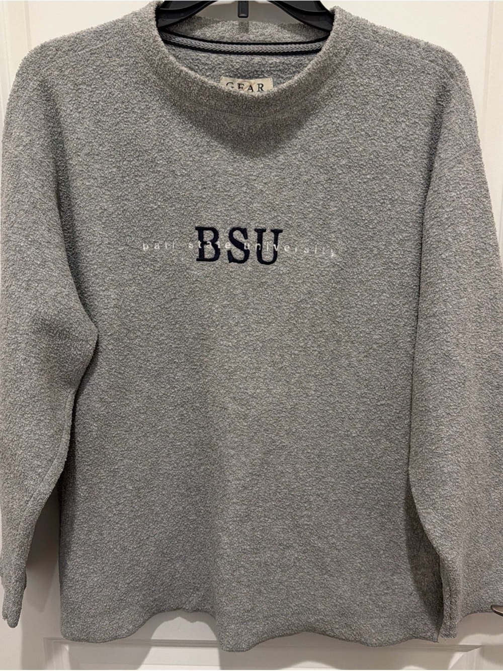 Vintage Gear For Sports Women’s Gray Textured Crewneck with Navy BSU Embroidery